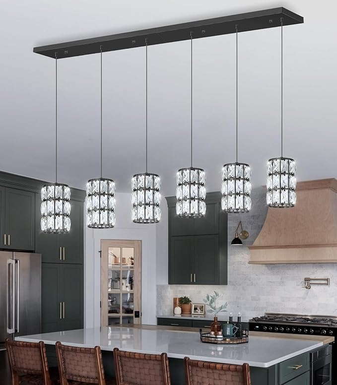6-Lights Rectangle Modern Crystal Pendant Lights for Kitchen Island LED Dimmable Glam Pendant Lighting Chandelier for Dining Room Hallway Corner Lamp Black