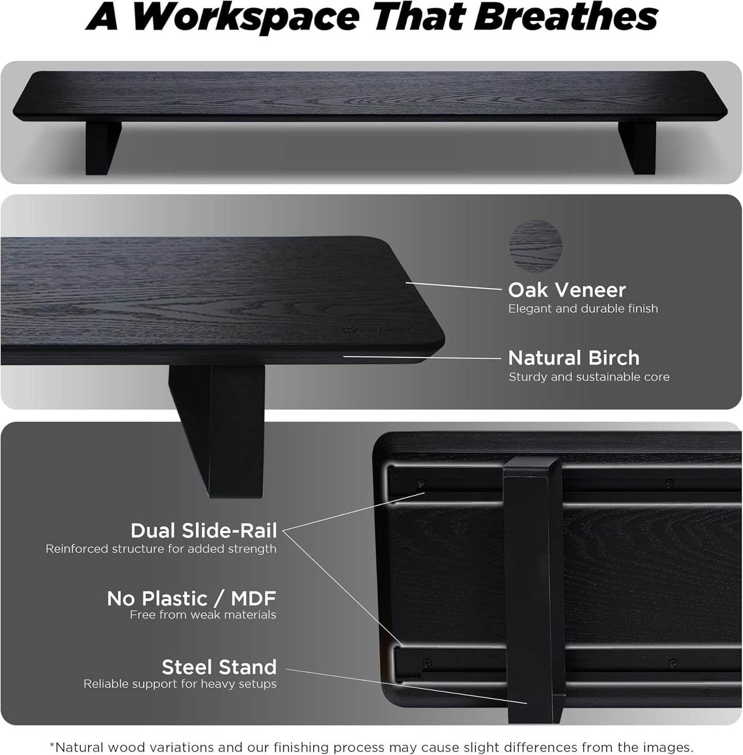Moodular Wooden Monitor Stand 45.6” (116cm) Large Desk Organizer with Metal Slide Rails for Drawer, Tray, Laptop, Tablet, Phone & Headphones Customizable Riser for Organized Workspace Black