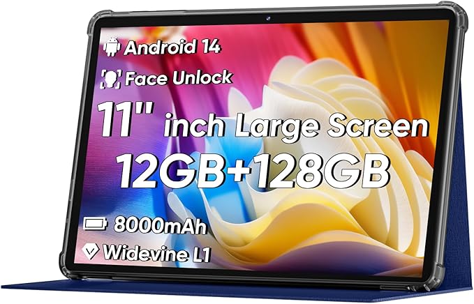 Android 15 Tablet 11inch, Face Unlock, 18W Fast Charging, 12GB+128GB+1TB Expand, Octa-core CPU, 8000mAh Large Battery, WiFi6, Touchscreen Display, Widevine L1 Tableta, Blue