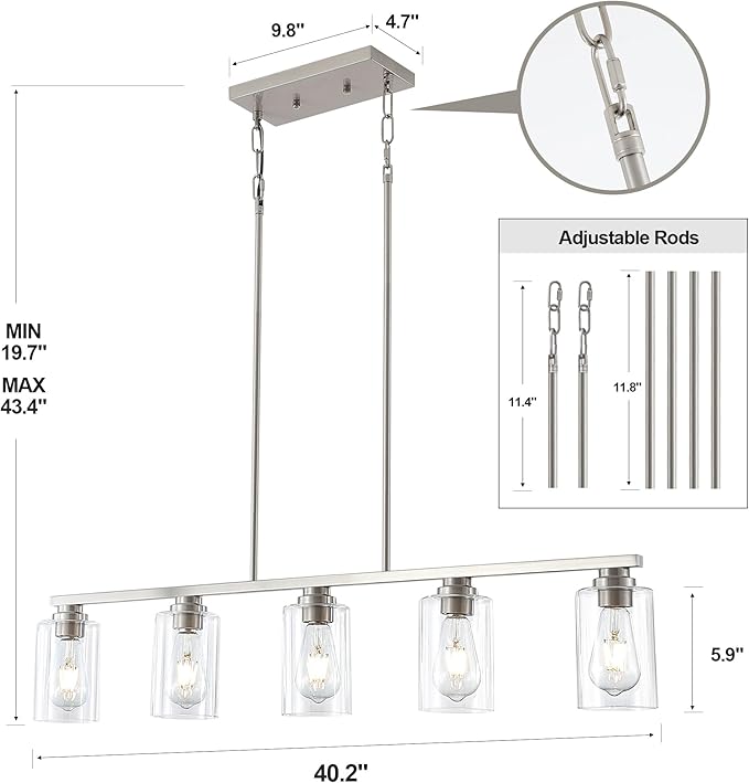 Island Light for Kitchen, Brushed Nickel Dining Room Light Fixture Over Table, 5-Light Linear Chandelier Pendant Lighting for Dining Table Kitchen Island Living Room
