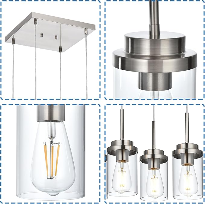 MELUCEE 4-Light Hanging Pendant Light Fixtures with Clear Glass Shade, Brushed Nickel Modern Chandelier Dining Room Light Fixtures Over Table Kitchen Island Lighting, Height Adjustable