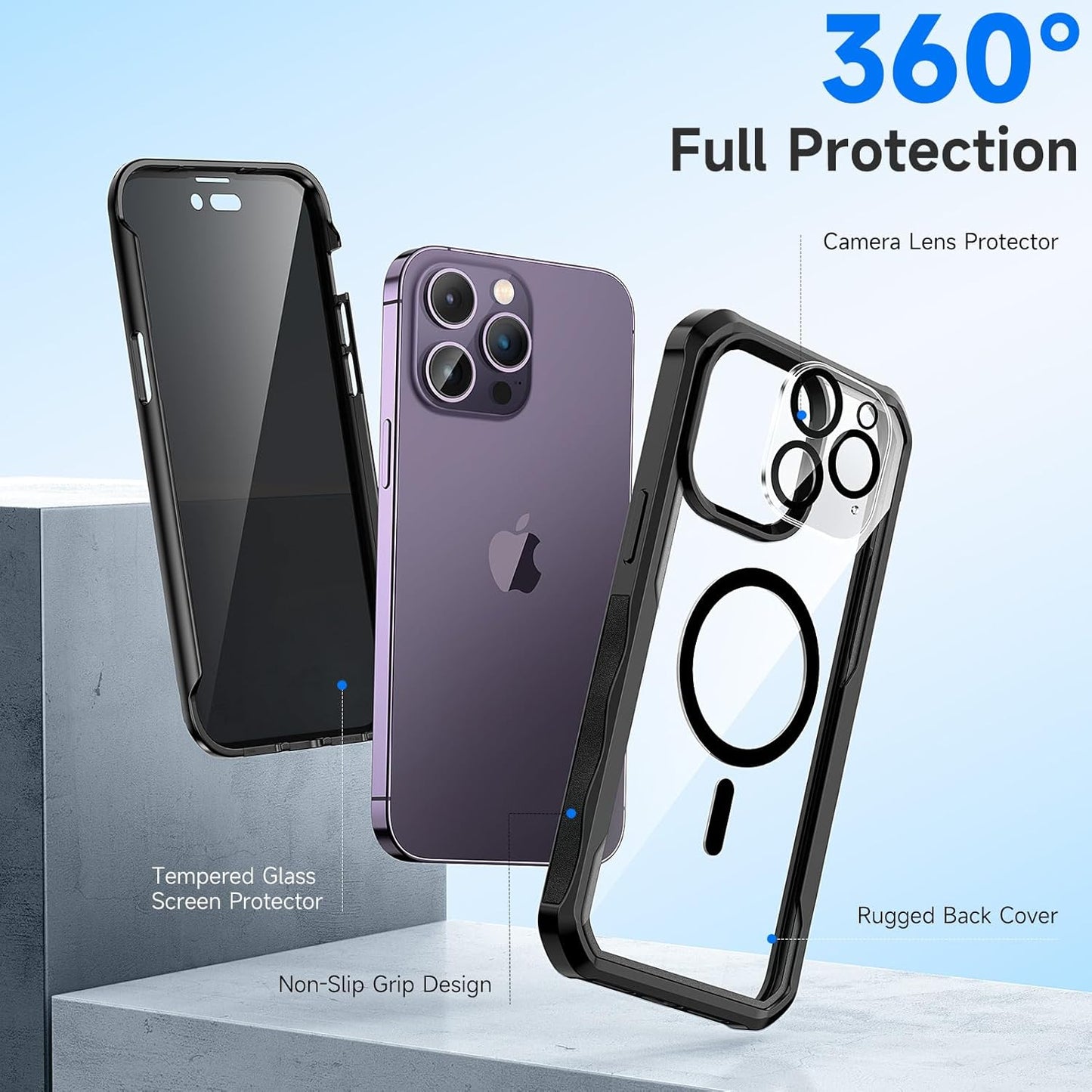 seacosmo for iPhone 14 Pro Max Case, Full Body Bumper with Built-in 9H Tempered Glass Privacy Screen Protector and Camera Lens Protector, Compatible with MagSafe, Shockproof Phone Cover, 6.7", Black