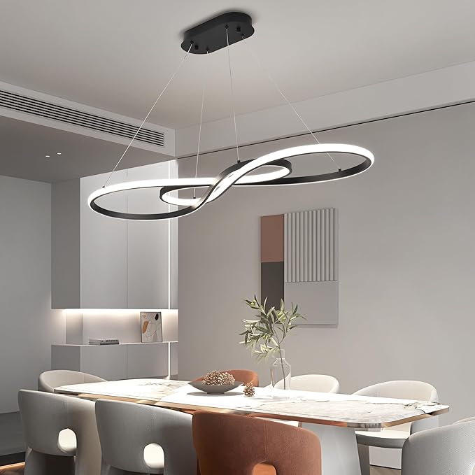 Modern Led Pendant Light, Dimmable Black LED Chandelier for Dining Room Light Fixture Over Table Modern Kitchen Island Lighting, Height Adjustable Ceiling Light