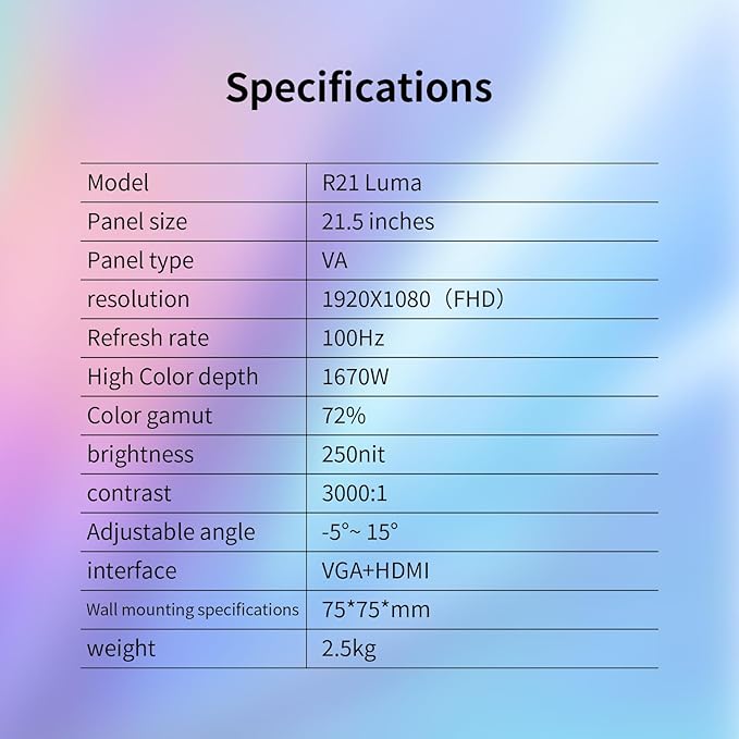 21.5-inch Full HD (1920 x 1080) Gaming Office Monitor,100Hz, 100% sRGB,VA Panels Computer Monitor, VESA 75 * 75mm Compatible, 3000:1 Contrast Ratio, HDMI & VGA Ports (R21 Luma)