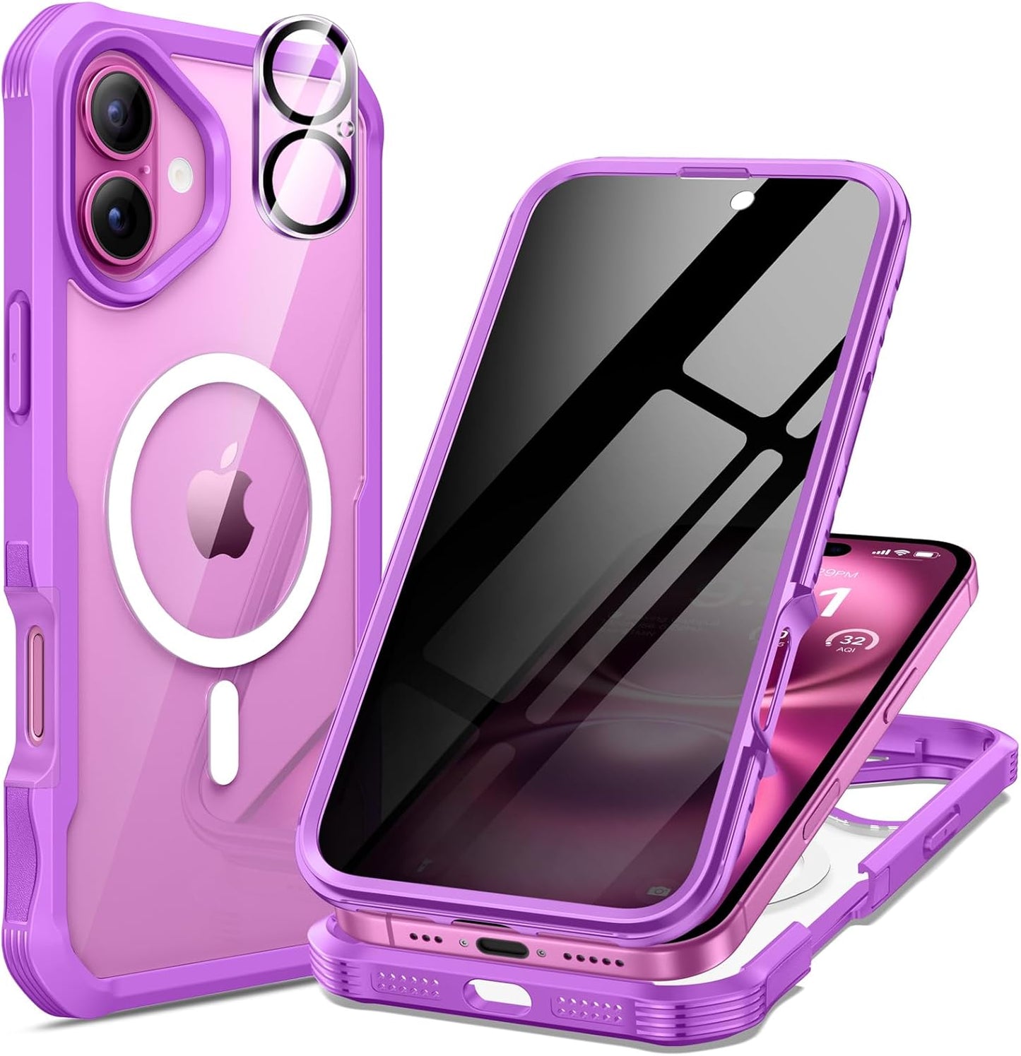seacosmo for iPhone 16 Case, Full Body Bumper with Built-in 9H Tempered Glass Privacy Screen and Camera Lens Protector, Compatible with MagSafe, Shockproof 16 Phone Case, 6.1", Fuchsia Pink