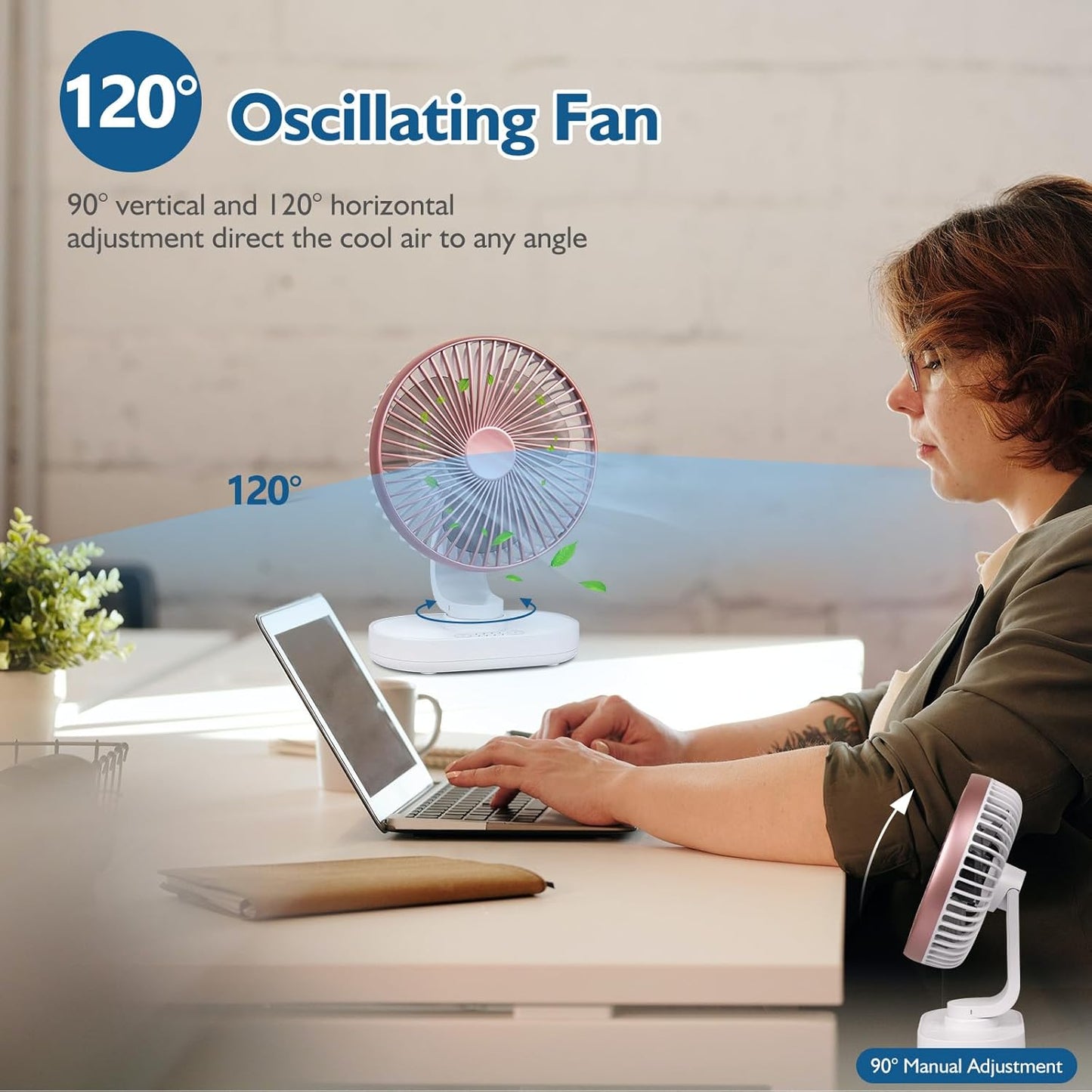 CONBOLA Small Desk Fan for Bedroom, 4000mAh Battery Powered Rechargeable Fan, 90° Vertical Manual and 120° Oscillating Fan, 4 Speeds Quiet Air Circulator Table Fan for Home Office, Pink