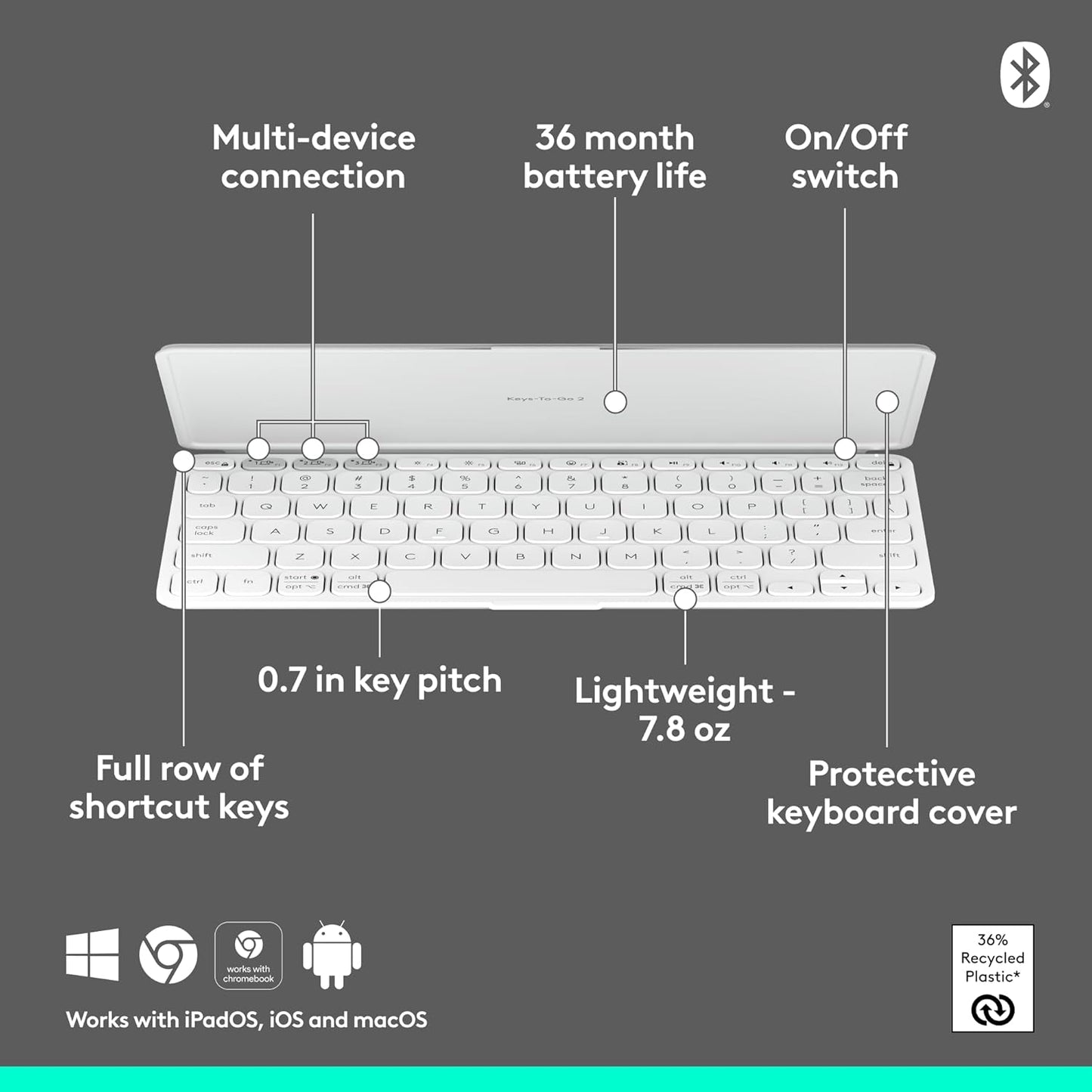 Logitech Keys-to-GO 2 Portable Compact Wireless Keyboard with Built-in Cover, Slim Tablet Keyboard for iPad, iPhone, Mac, Apple TV - Pale Grey
