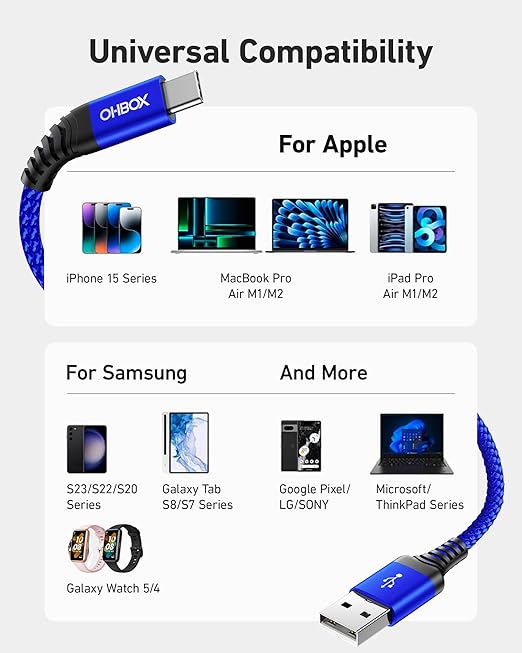 USB A to USB C Cables 60W Fast Charging [2 Pack 6FT], USB to USB C Cable for CarPlay, USB Type C iPhone Charger Durable Braided USBC Cord for iPhone 17/16/15/Pro Max, Samsung Galaxy S23 and More-Blue
