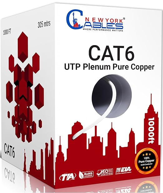 NewYork Cables CAT6 Plenum Cable 1000ft | 100% Pure Copper, UTP, 550MHz, 23AWG, 4Pair 10GB Ethernet Cable, Certified CMP-Rated Bulk Cat 6 for Networking & Gaming (1000ft, Pure Copper,White)
