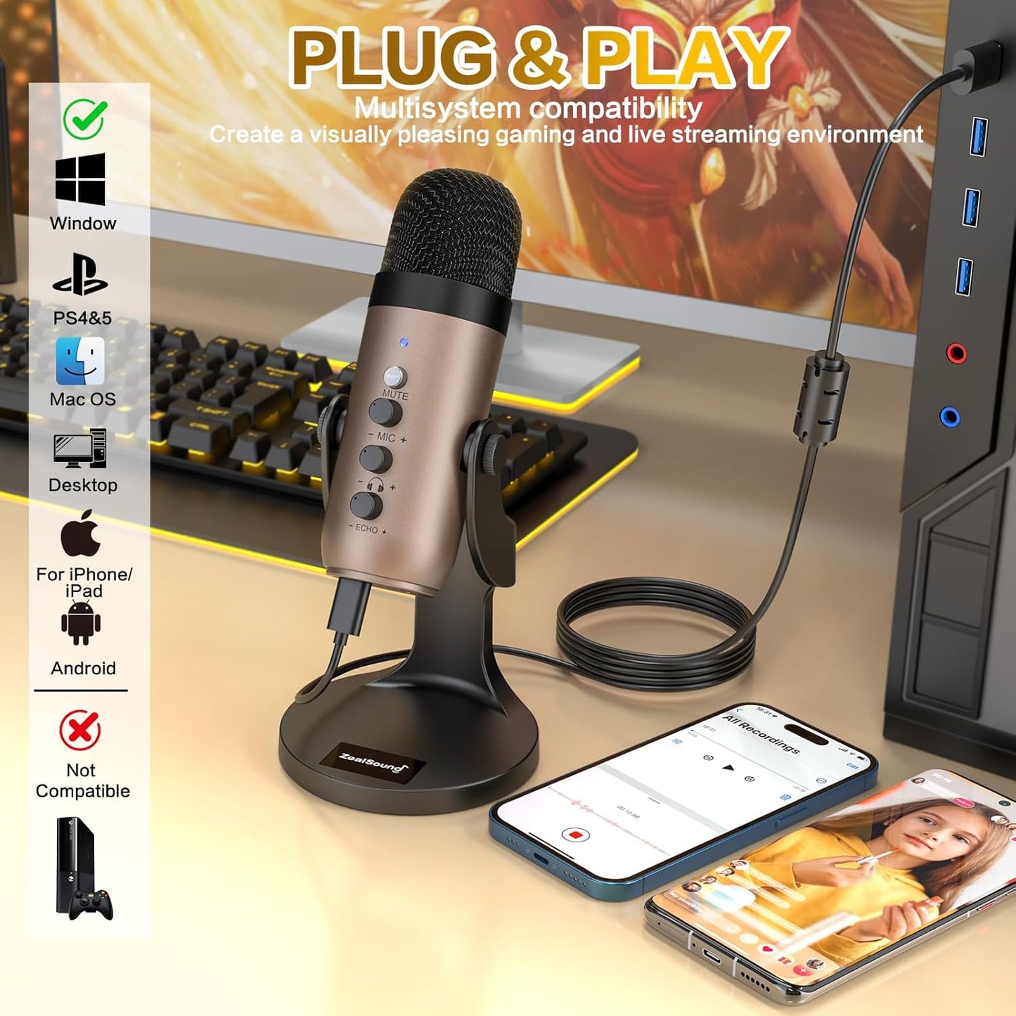 ZealSound USB Microphone,Condenser Computer PC Mic,Plug&Play Gaming Microphones for PS 4&5.Headphone Output&Volume Control,Mic Gain Control,Mute Button for Vocal,YouTube Podcast on Mac&Windows(Gold)