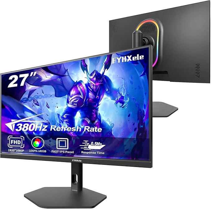 27 inch Gaming Monitor 380Hz, FHD 1080P, 0.5ms Frameless, Ultra Slim Computer Monitor, Height/Pivot/Swivel/Tilt Adjustable Vertical Monitor, Support FreeSync, VESA, DP*2, HDMI*2