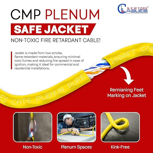 NewYork Cables CAT6 Plenum Cable 1000ft | 100% Solid Bare Copper, UTP, 550MHz, 23AWG, 4Pair 10GB Ethernet Cable, Certified CMP-Rated Bulk Cat 6 for Networking & Gaming (1000ft, Pure Copper,Yellow)