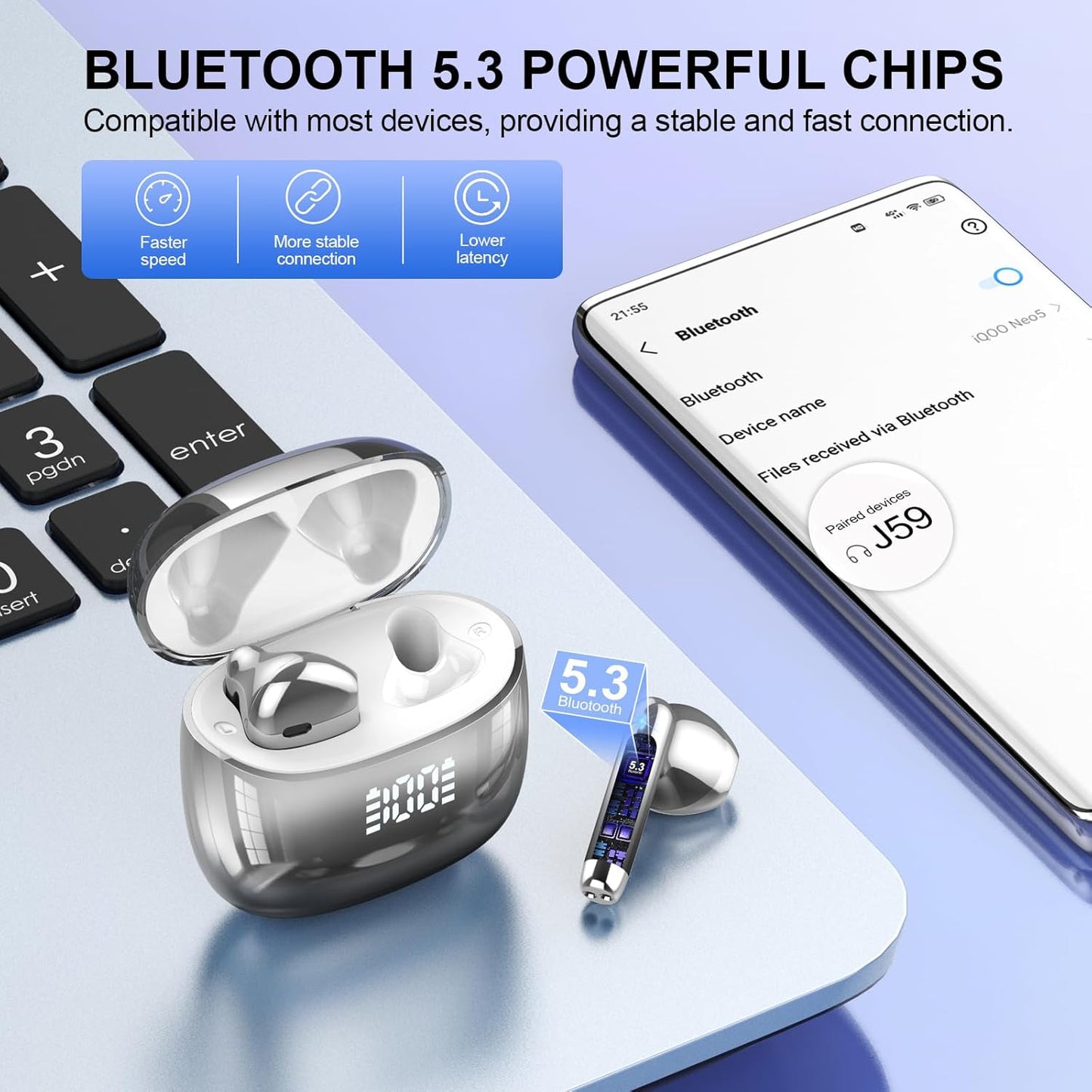 Wireless Earbuds, Bluetooth Headphones 48H Playtime Ear Buds with LED Power Display, IPX7 Waterproof Bluetooth 5.4 Earphones in-Ear Earbuds with 4 Mic for Android iOS Cell Phone Laptop, Black