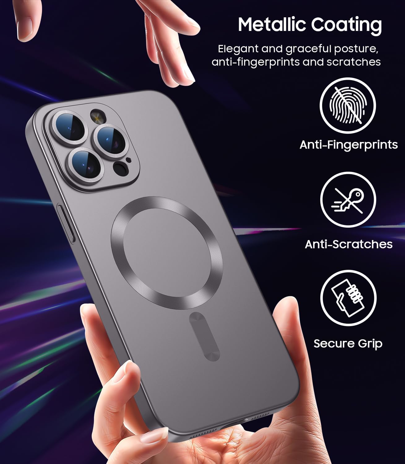 Magnetic for iPhone 15 Pro Case [Compatible with MagSafe][Built-in Camera Lens Protector] Slim Soft Silicone Bumper Shockproof Metallic Shine Phone Case (Gray)