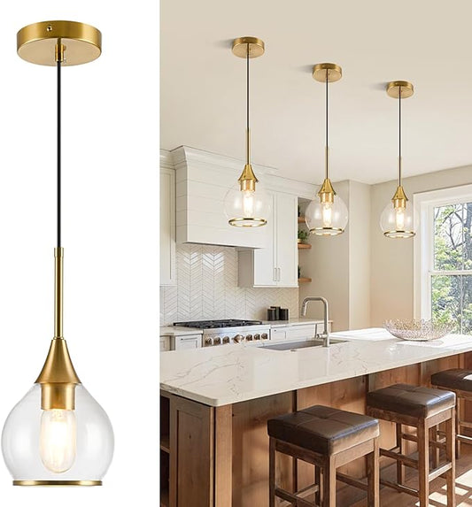1-Piece Island Light for Kitchen, 1-Light Gold Kitchen Island Hanging Pendant Light, Brushed Gold Dining Room Light Fixture Over Table with Clear Round Glass Shades