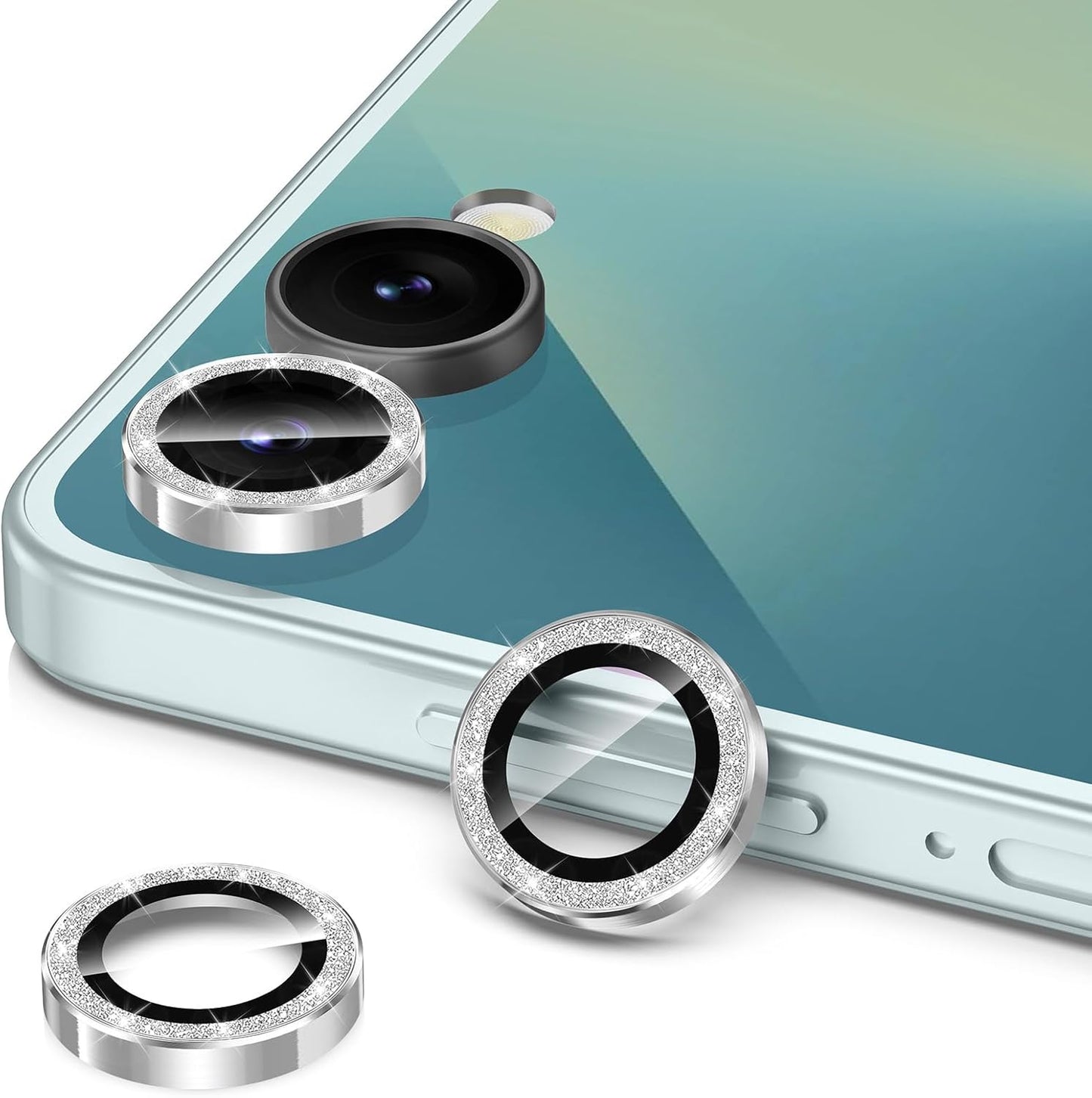 for Samsung Galaxy Z Flip 7 Camera Lens Protector, Individual Metal Ring Tempered Glass Lens Cover, [Strong Adsorption] Scratch Resistant Ultra-Thin HD Clear Lens Cover, 1 Set-Silvery Sparkly