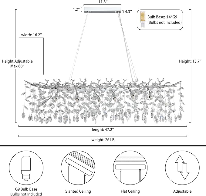 YUYI 47" Silver Crystal Chandelier, 14-Light Modern Tree Branch Chandelier, Luxury Rectangular K9 Crystal Raindrop Chandeliers for Dining Room, Kitchen Island, Living Room, Contemporary Light Fixture