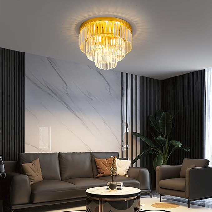 17" Crystal Flush Mount Chandelier 4-Lights Gold Crystal Ceiling Light 3-Tier Luxury K9 Dining Room Light Semi-Flush Ceiling Light for Bedroom Living Room Entryway Kitchen Island Hallway