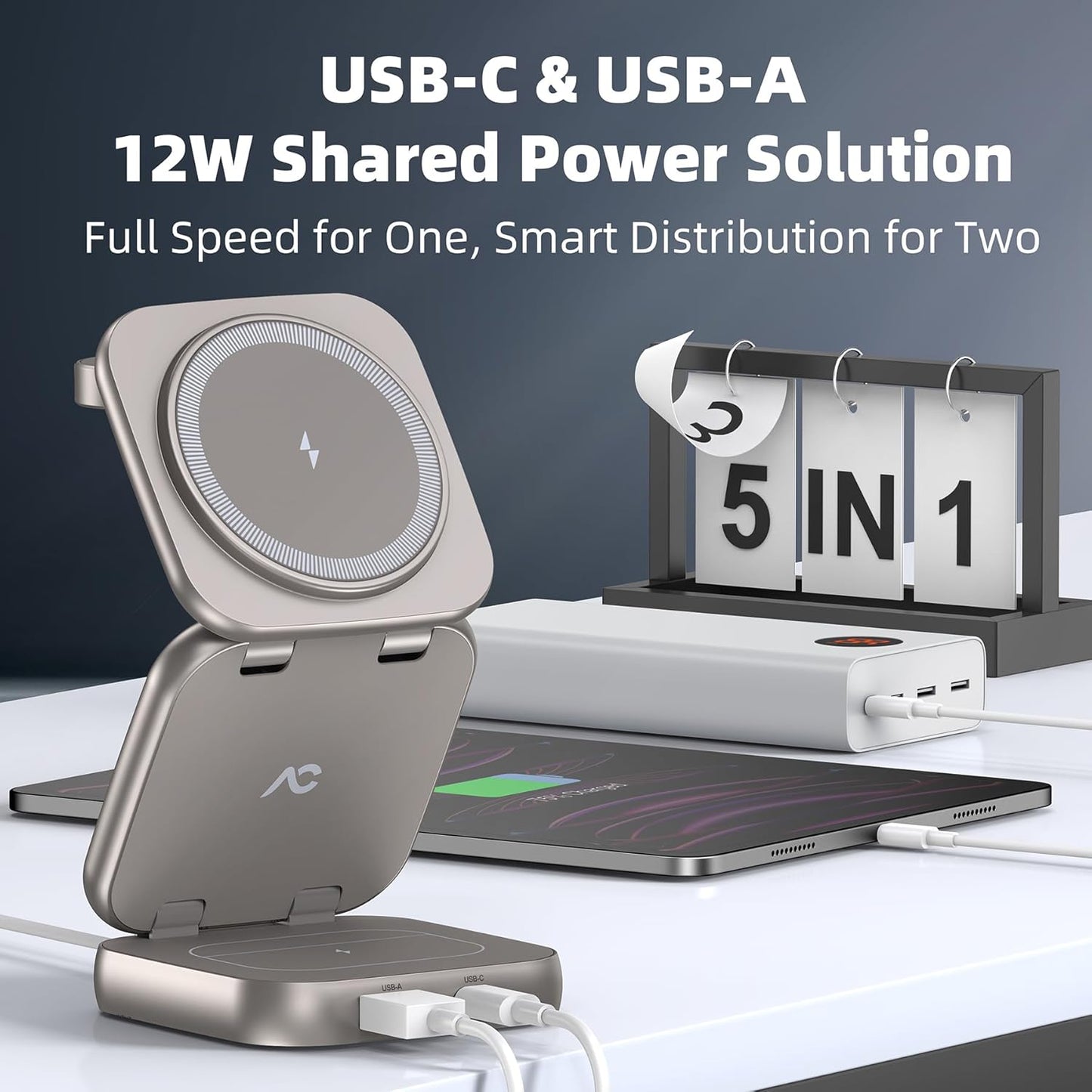 5-in-1 Wireless Charger for MagSafe, AC ISLAND Portable Travel Charging Station, 15W Max Fast Foldable Magnetic Stand, Evolved for iPhone 16/15/14/13 Series, Apple Watch, AirPods (with 35W Adapter)