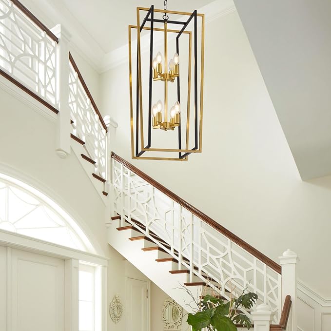 Black and Gold Chandelier, 8-Light Tiered Lantern Pendant Light Fixtures, Industrial Foyer Lighting Fixtures, Large Long Chandeliers for High Ceilings, Farmhouse Chandelier for Staircase, Entryway