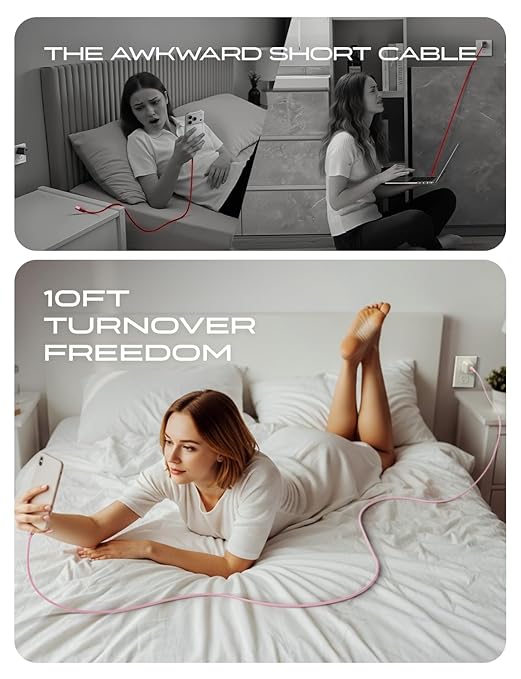 LISEN for iPhone Air 17 Charger Cord USB Cable 10FT, Chubby 100W Soft Silicone USB C to USB C Fast Charging Cable, Long USBC to USBC for iPhone 17 16 15, Samsung S25, MacBook Pro/Air, iPad, Pink