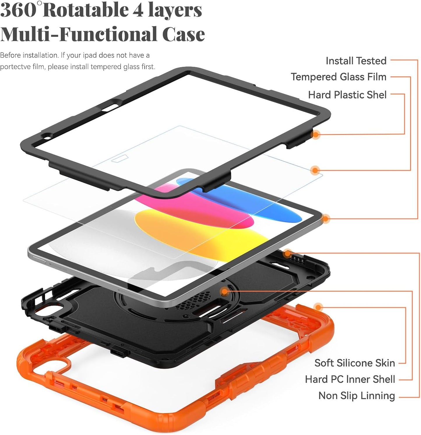 BLOSOMEET Case for iPad A16 11th/10th Generation 11''/10.9'' 2025/2022 with Tempered Glass Screen Protector & Pencil Holder, Rugged Military Grade Cover w/Stand Hand Shoulder Strap, Orange