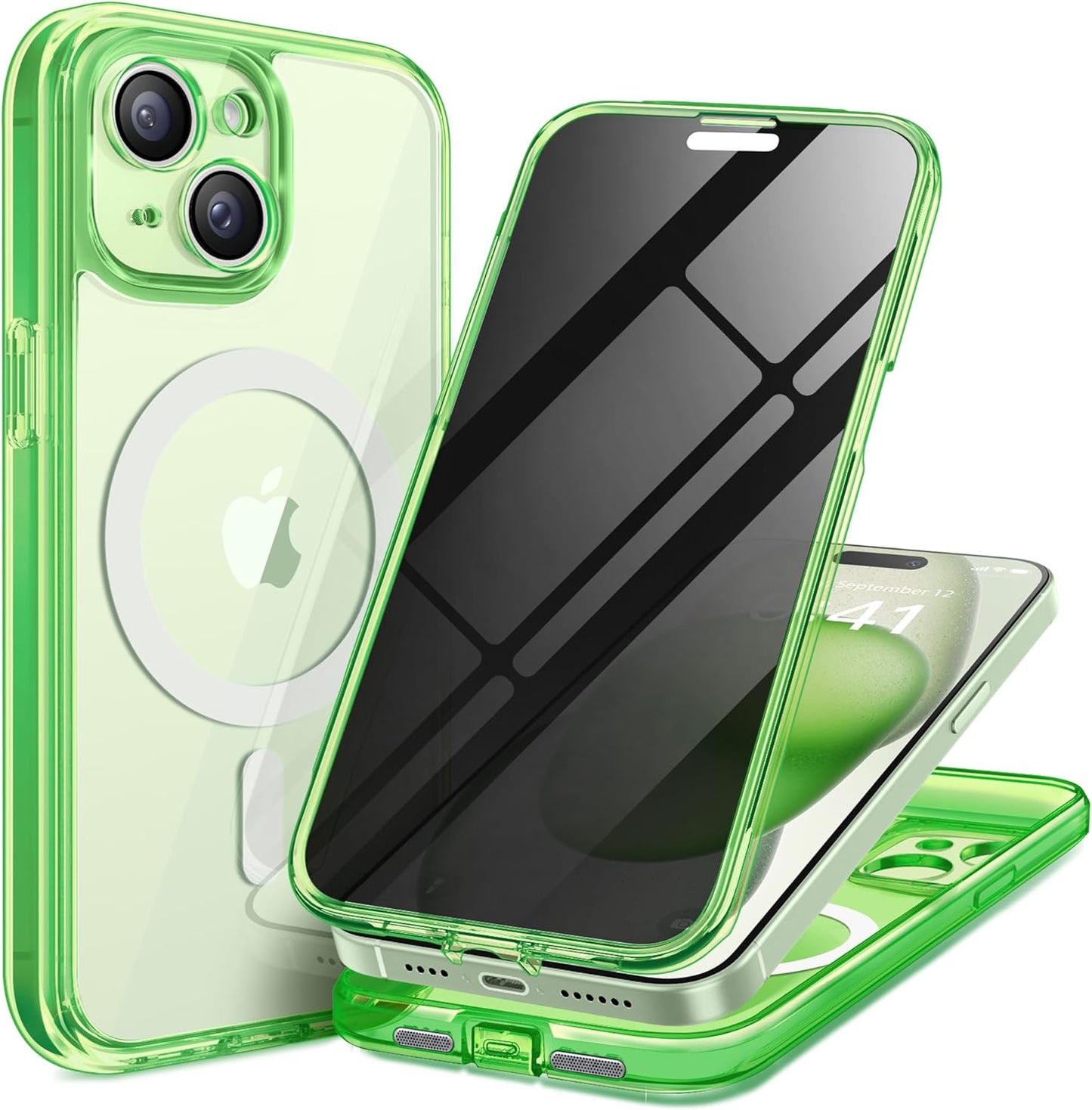 Magnetic for iPhone 15 Plus Case, Compatible with MagSafe, Built-in Privacy Screen Protector and Camera Protection, Anti Spy Full Body Dustproof Shockproof Hard Phone Case 6.7", Bright Green