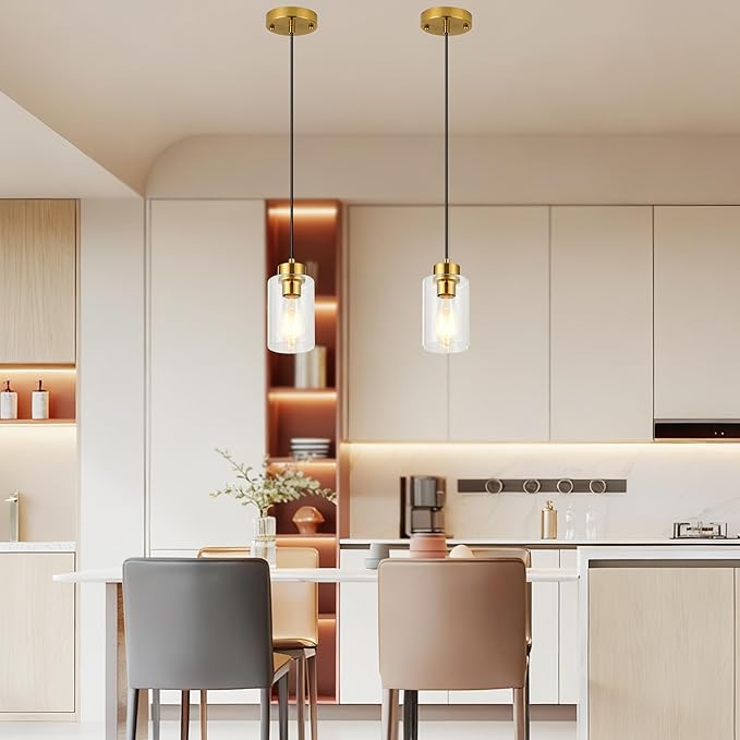 Pendant Lights Kitchen Island, Brushed Brass Pendant Light Fixtures with E26 Base & Adjustable Cable, Modern Pendant Lighting with Glass Shade for Living Room Bedroom Hallway, 2 Packs