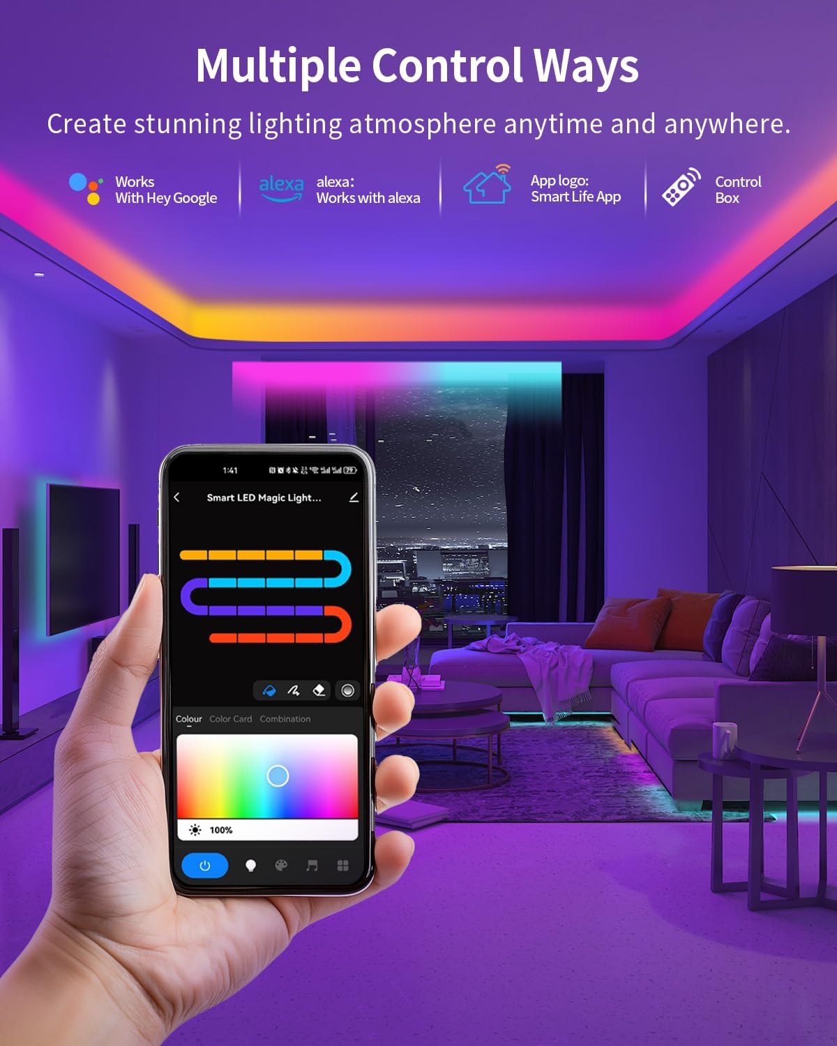 RGB+IC LED Strip Lights, Smart Bluetooth LED Light for Bedroom, Color Changing LED Strips with 44 Scene Modes, Segmented Control, for Room, Party, Festival, Gathering (105ft)