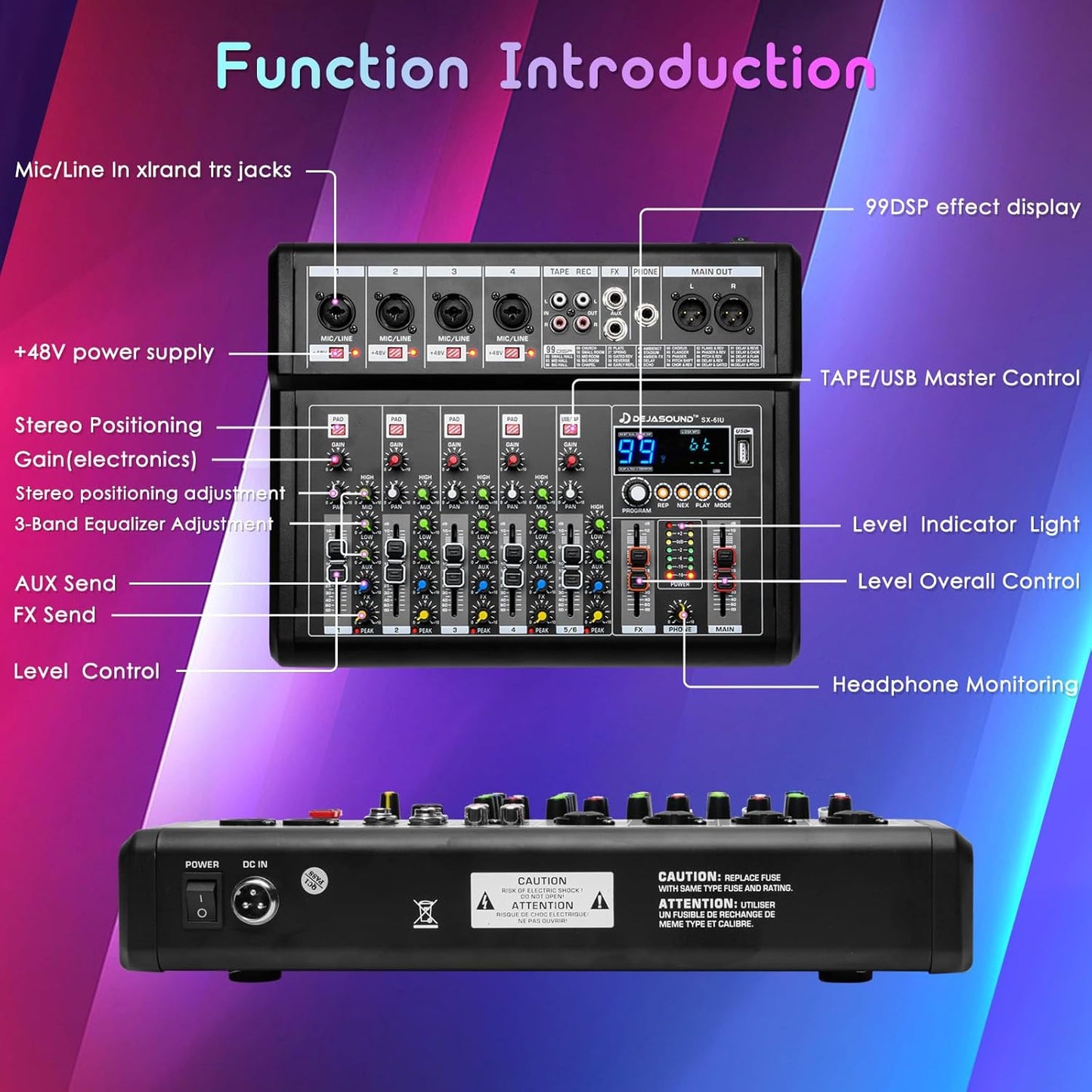 6-Channel Audio Mixer for PC, SX-6iu Mixing Console with XLR Inputs, Bluetooth, 99 Digital Signal Processor Effects, USB Interface, MP3 Compatible for Podcast, Music, Recording 9.84"x2.17"x12.6"inches