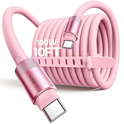LISEN for iPhone Air 17 Charger Cord USB Cable 10FT, Chubby 100W Soft Silicone USB C to USB C Fast Charging Cable, Long USBC to USBC for iPhone 17 16 15, Samsung S25, MacBook Pro/Air, iPad, Pink