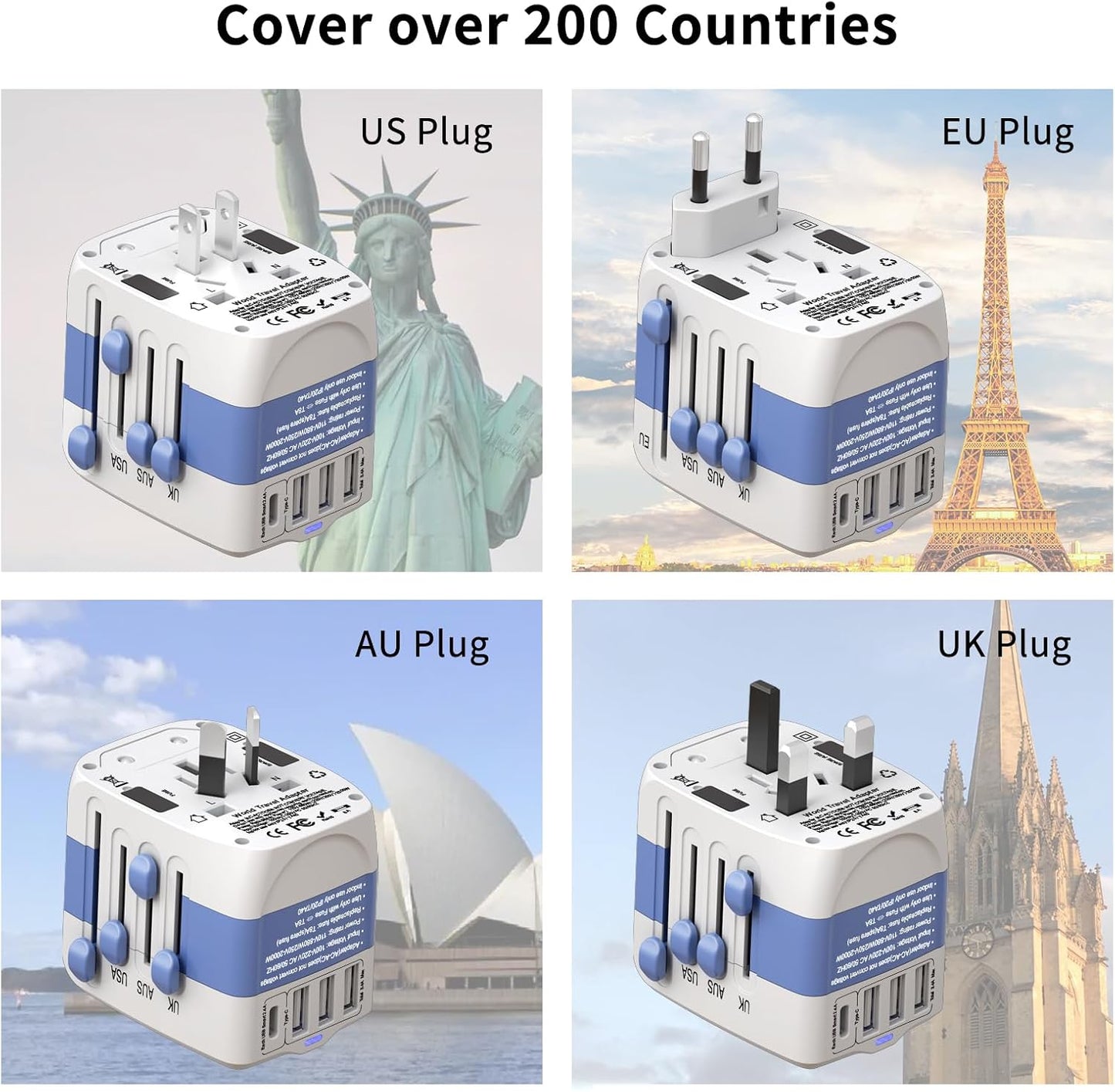 Universal Travel Adapter,International Plug Adapter,WAUDM All in One Universal USB Travel Power Adapter with 3 USB Port and Type-C for Multi-Nation Travel US EU UK Australia
