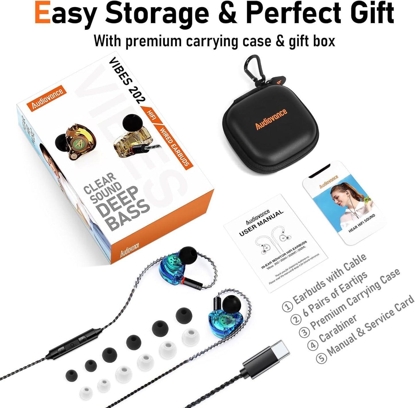 Vibes 202MC USB-C Wired Earbuds - HiFi in Ear Monitor Headphones - Noise Isolating Ear Buds w/ Mic - Clear Sound, Deep Bass & Comfort-Fit Earphones - MMCX to USBC, Silver Plated Cord, Carrying Case