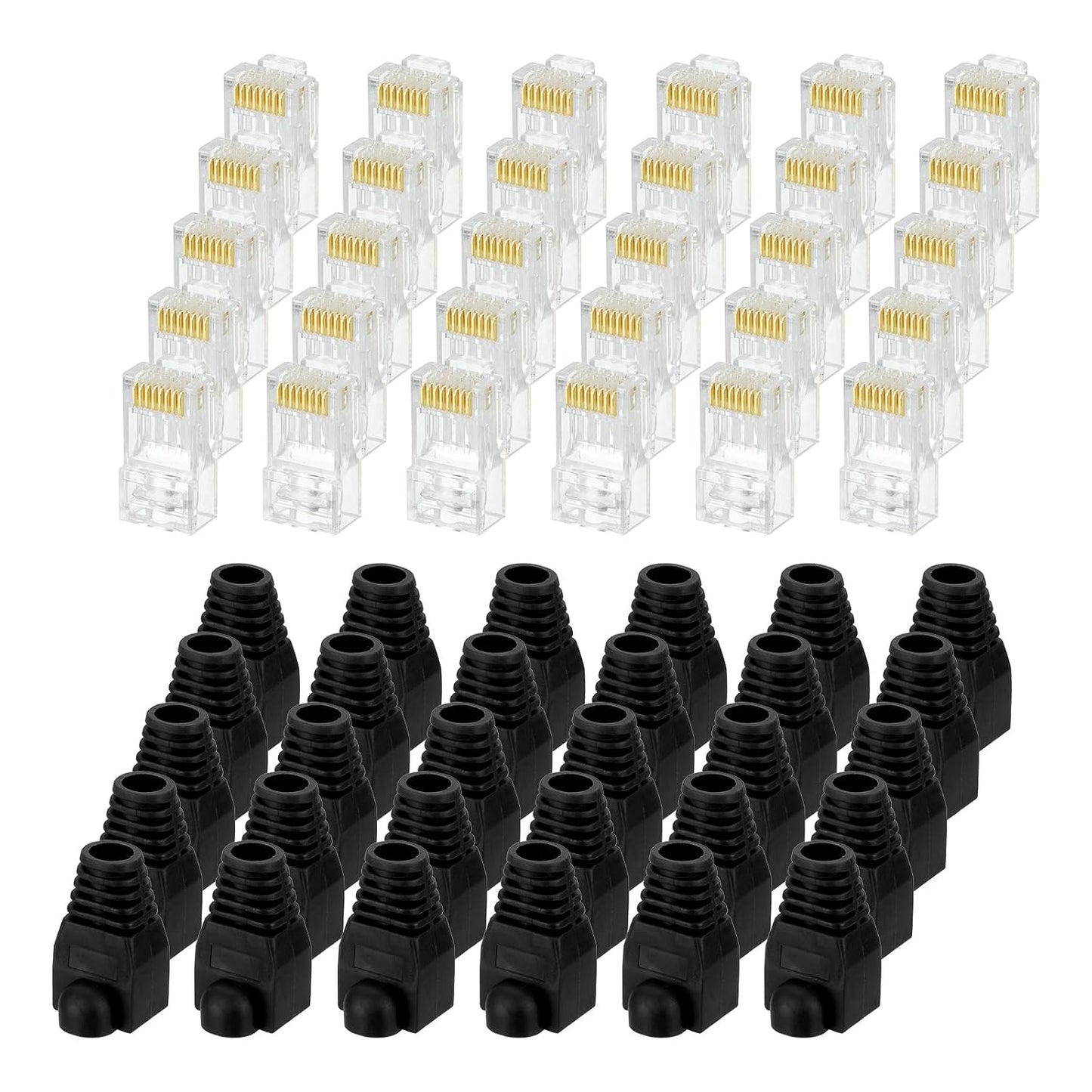 MECCANIXITY 100pcs Cat6 RJ45 Pass Through Connectors, RJ45 Connector 8P8C Gold Plated Plugs with 100pcs Black Strain Relief Boots for Solid or Stranded UTP Ethernet Cable, 1.1mm