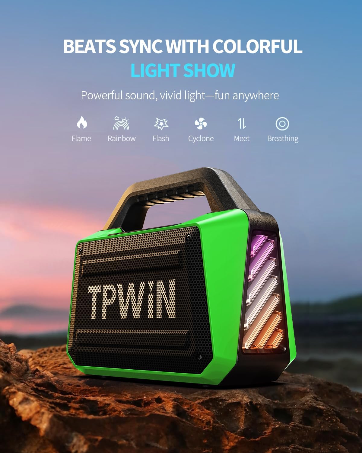 Portable Bluetooth Speaker Wireless - Loud Speakers 80W Peak, 20H Playtime, Light Show, TWS, Deep Bass, BT 5.3, IPX6 Waterproof for Outdoor Travel Camping Beach Pool - Green