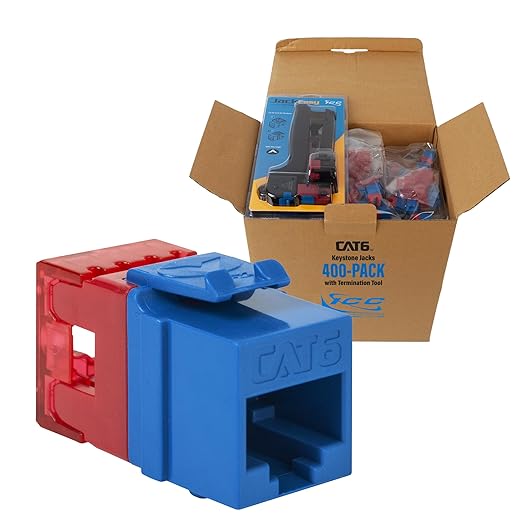 ICC CAT6 Keystone Jack with Slim Profile 180 Degree Punch Down, RJ45 UL Listed PoE++ TAA Compliant for Wall Plate or Patch Panel, Includes JackEasy Termination Tool, Blue 400 Pack