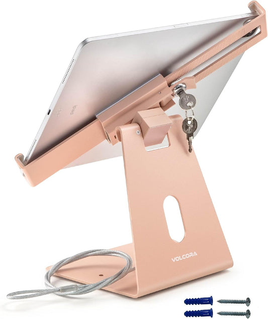 Volcora Anti-Theft Tablet Stand iPad Security Holder with Lock Pink 10-13 Inch Kiosk Stand Mount, Swivel, Adjustable for All iPad, Tablets, POS Register, Retail Business, Checkout, Cashier