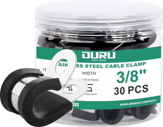 30pcs 3/8 Inch Stainless Steel Cable Clamps,Rubber Coated Cushioned Insulated Cable Clamp,Automotive Cable Wire Clamps,Pipe Clamps,Metal Clamp for Tube,Lines,Wire Cord Installation(Black,10mm)