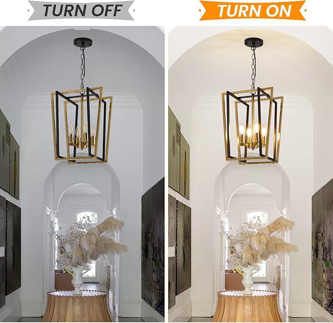 WJShome Industrial 4 Lights Chandelier, Black and Gold Lantern Ceiling Light Fixtures, Adjustable Height Farmhouse Geometric Hanging Light for Kitchen Island, Dining Room, Entryway
