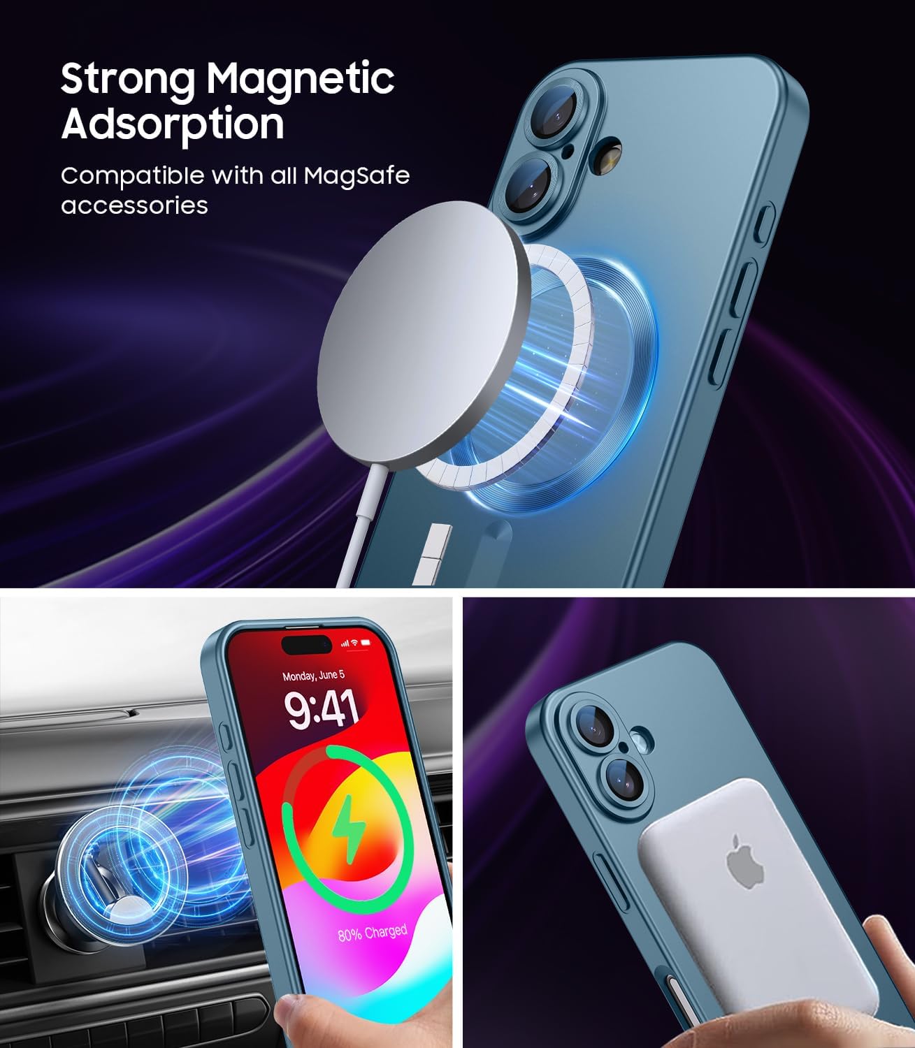Magnetic for iPhone 16 Plus Case [Compatible with MagSafe][Built-in Camera Lens Protector] Slim Soft Silicone Bumper Shockproof Metallic Luster Phone Case (Green)