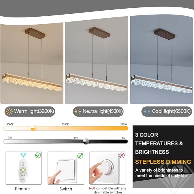47.24" Linear Chandelier for Dining Room Modern Led Pendant Light Fixtures Dimmable Crystal Island Lights for Kitchen Living Room Office Bar
