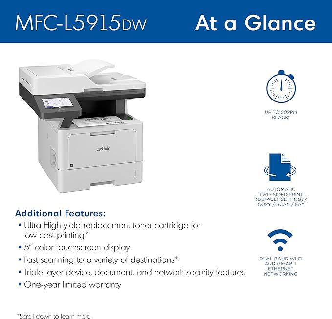 Brother Professional Laser Printer All-in-One with Scanner and Copier, High-Speed 50 ppm Monochrome Printing, Wireless Network Ready, Dual-Band WiFi, Auto 2-Sided Print (MFC-L5915DW)