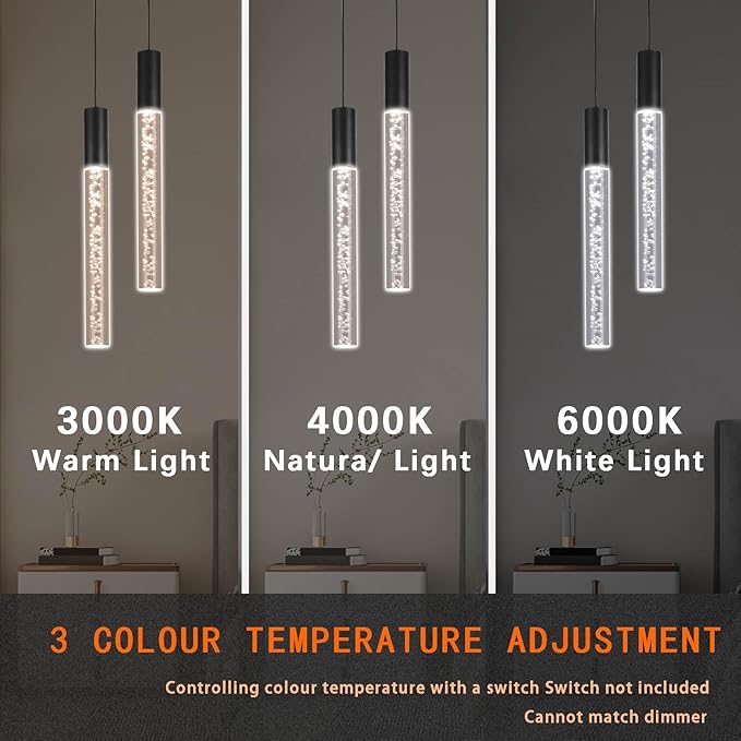 Modern Black Pendant Light Fixture 2-Light, 3-Color LED Pendant Lighting Acrylic Cord Adjustable Ceiling Hanging Lights for Kitchen Island Living Room Bedroom Dining Room