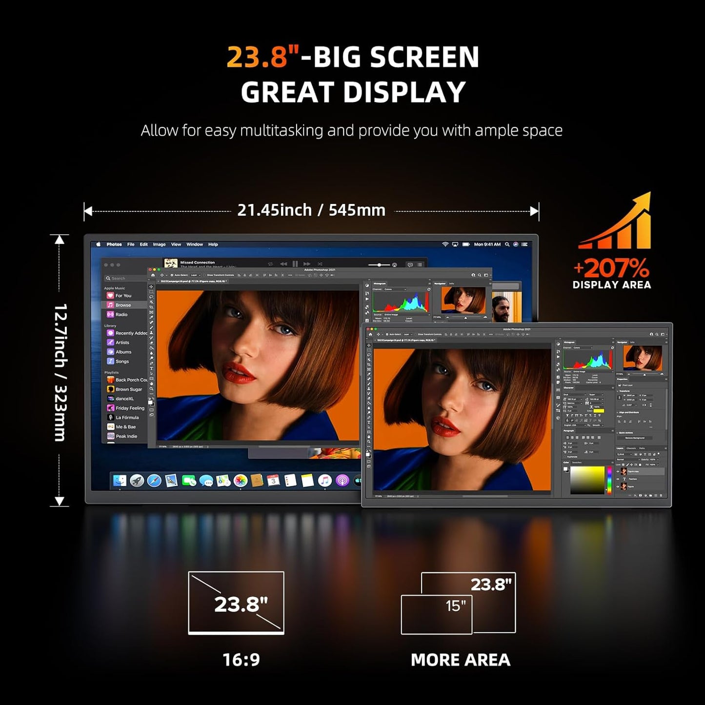 UPERFECT Portable Monitor 4K 23.8" | 400 Nits 24" Large Monitor | 3840 * 2160 UHD 125% sRGB | 1MS FreeSync | USB-C & HDMI | VESA & Kickstand | Second Screen for Computer, Mini PC, Game Consoles