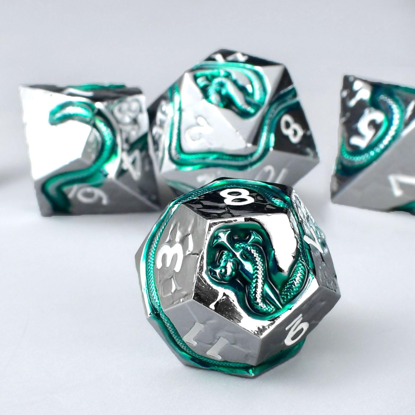 RULE DICE Serpent's Cunning Metal DND Dice Set - 7pc Polyhedral D&D Dice for Dungeons and Dragons, RPGs Like Pathfinder - Emerald Green Snake Design, Balanced for Critical Rolls
