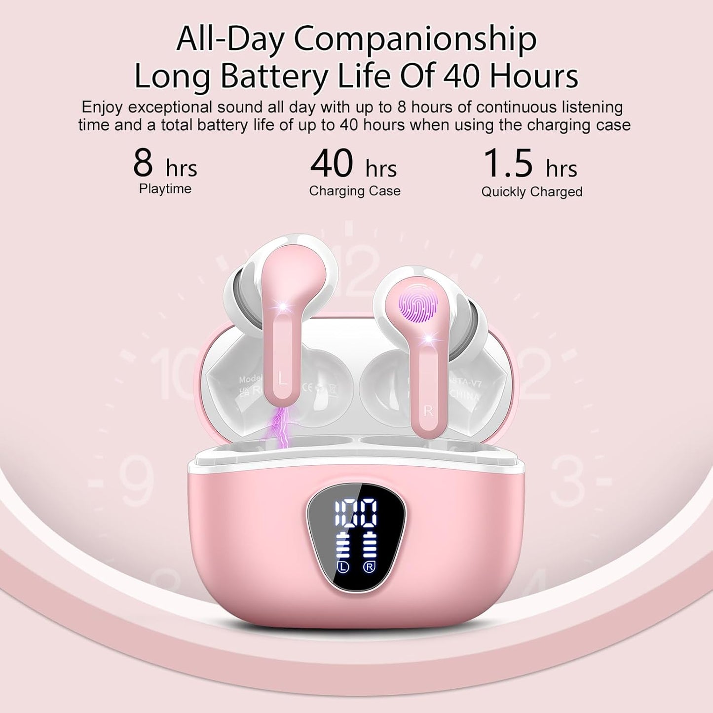 Wireless Earbuds, Bluetooth 5.4 Headphones HiFi Stereo, Bluetooth Earbuds with ENC Noise Cancelling Mic, IP7 Waterproof in Ear Earphones, 48H, LED Display Ear buds for Pad Phone Workout Sports, Pink