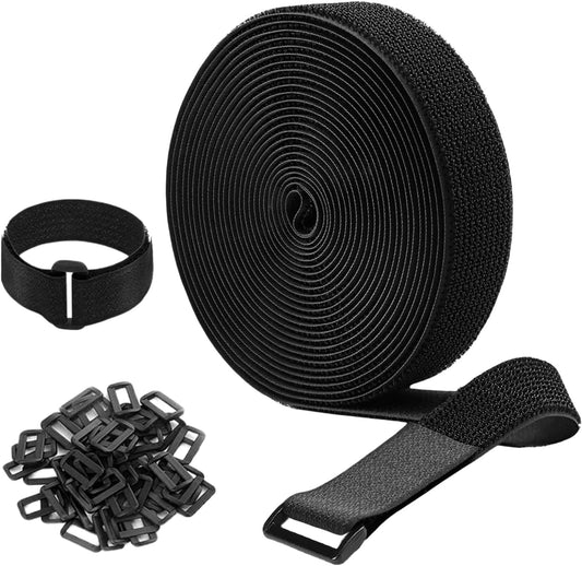 26ft 1.5 Inch Wide Cable Straps, Jumpso Adjustable Fastening Hook and Loop Straps with 20 Buckles, Reusable Nylon Cut-to-Length Cinch Straps for Organizer or Storage, Black