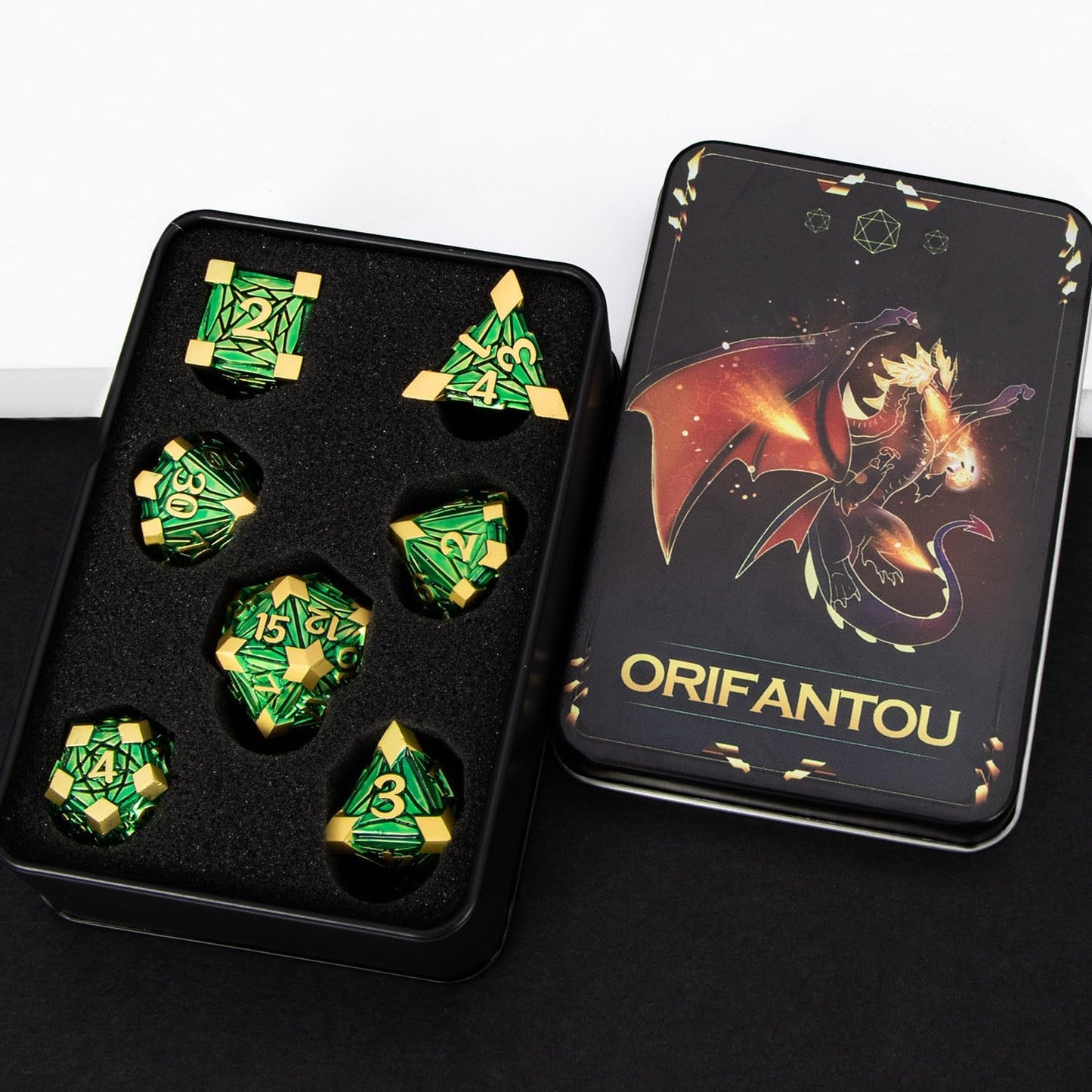 Metal DND Dice Set with Box, Debris RPG Green Golden D and D Dice for use with D&D Tabletop Games Role Playing Game Polyhedral Dice Set D20 D12 D10 D8 D6 D4