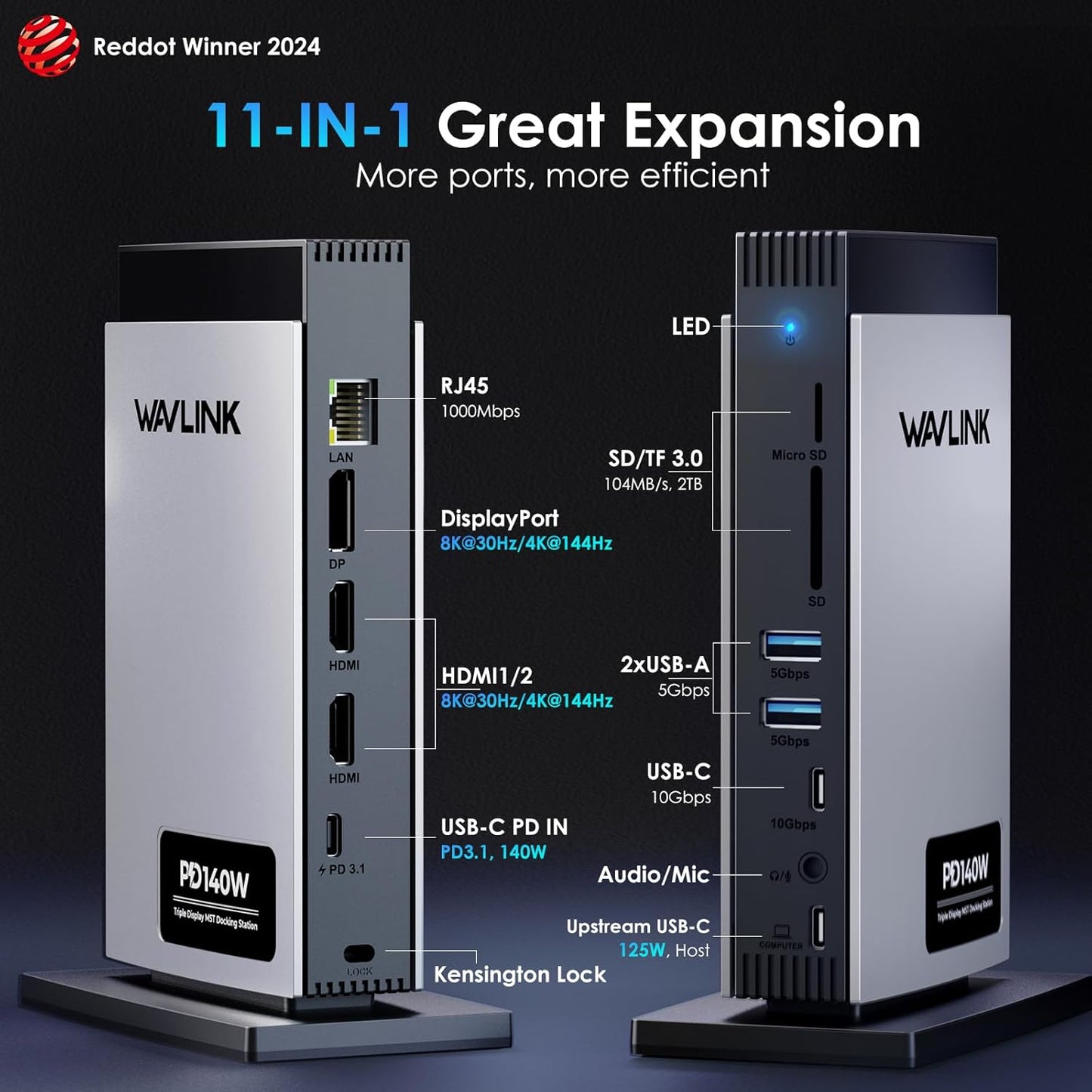 WAVLINK Laptop Docking Station 3 Monitors(Max Resolution: Single 8K or Triple 4K), 11-in-1 USB C Docking Station with 125W PD3.1 Pass-Through, 2*HDMI + DP, for MacBook M1/M2/M3/M4 & Windows, SD/TF