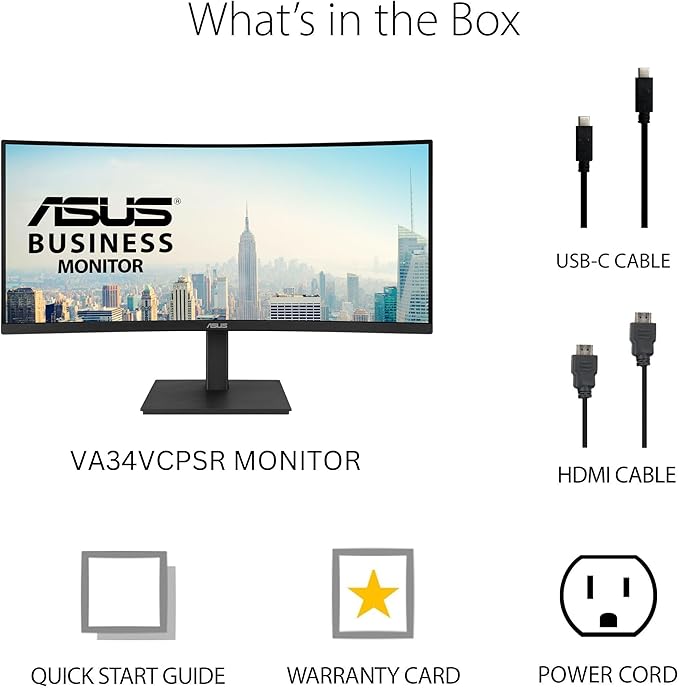 ASUS 34” Curved USB-C Docking Monitor (VA34VCPSR) - WQHD (3440x1440), 1500R Curvature, Frameless, USB-C PD 96W, RJ45, USB hub, Eye Care, Ergonomic, VESA Wall Mountable, 3 yr Warranty